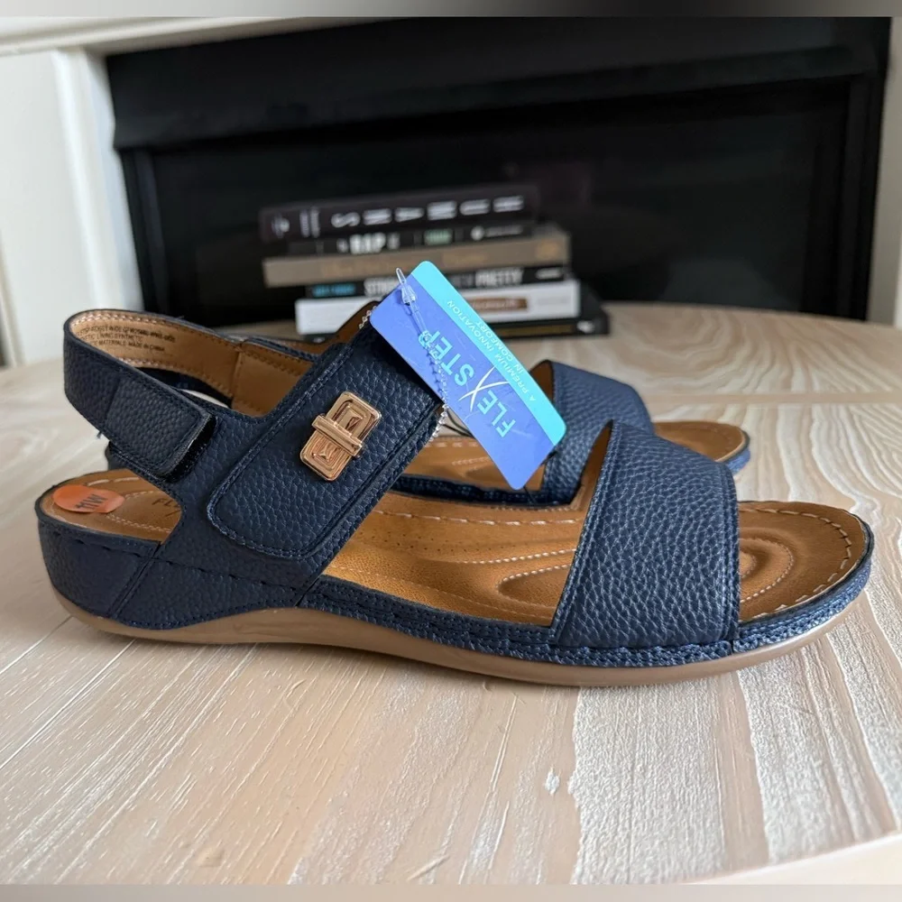 Flex Step|Navy Blue Sandals with Tan Accents,double strap faux leather•••NWT,11 - Picture 2 of 13